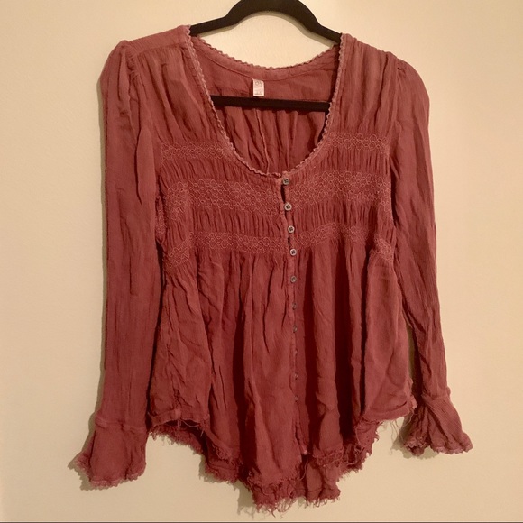 Free people burgundy button up flowy long sleeve - Picture 1 of 7